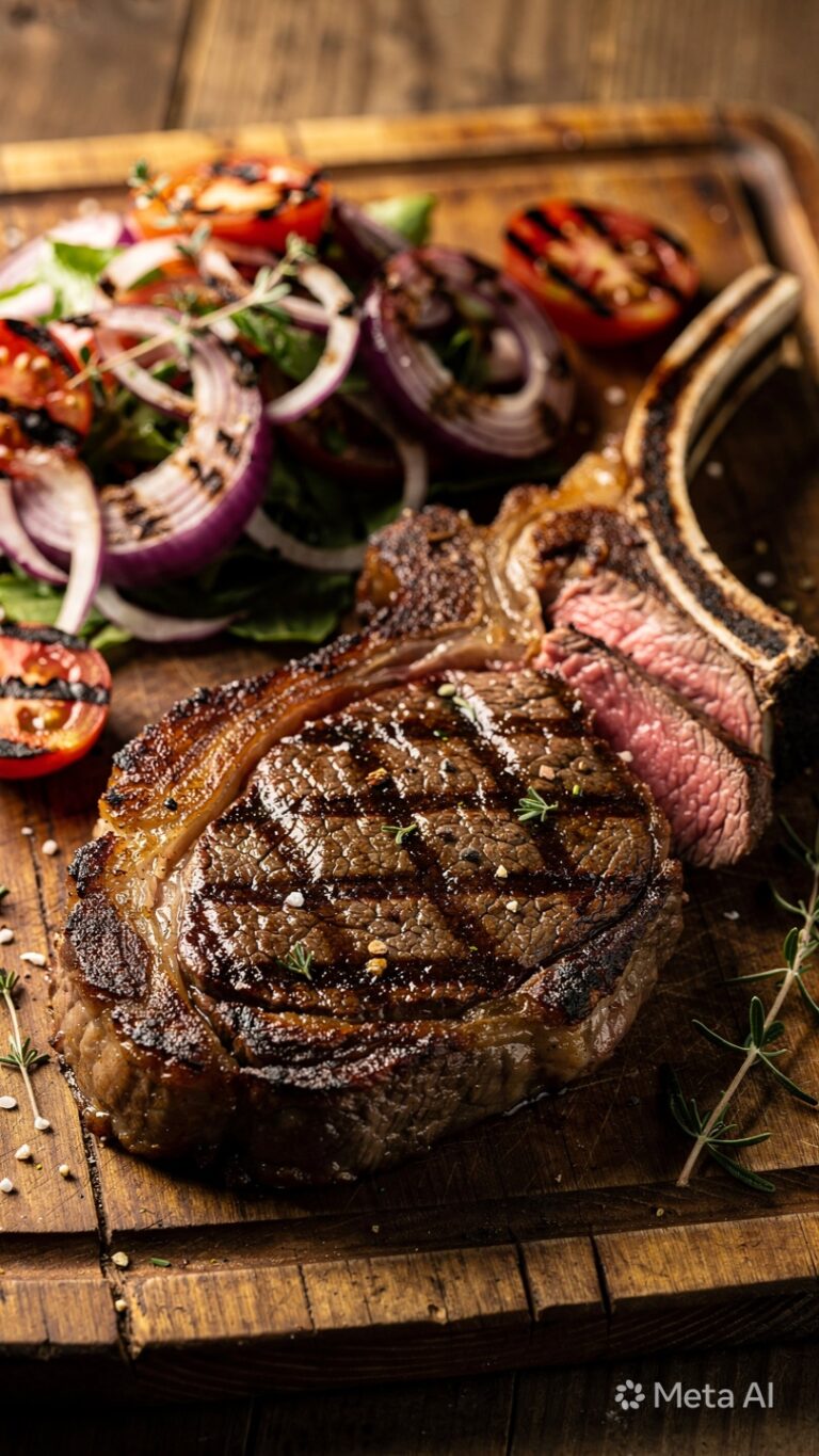 Cowboy Steak With Grilled Red Onion Salad