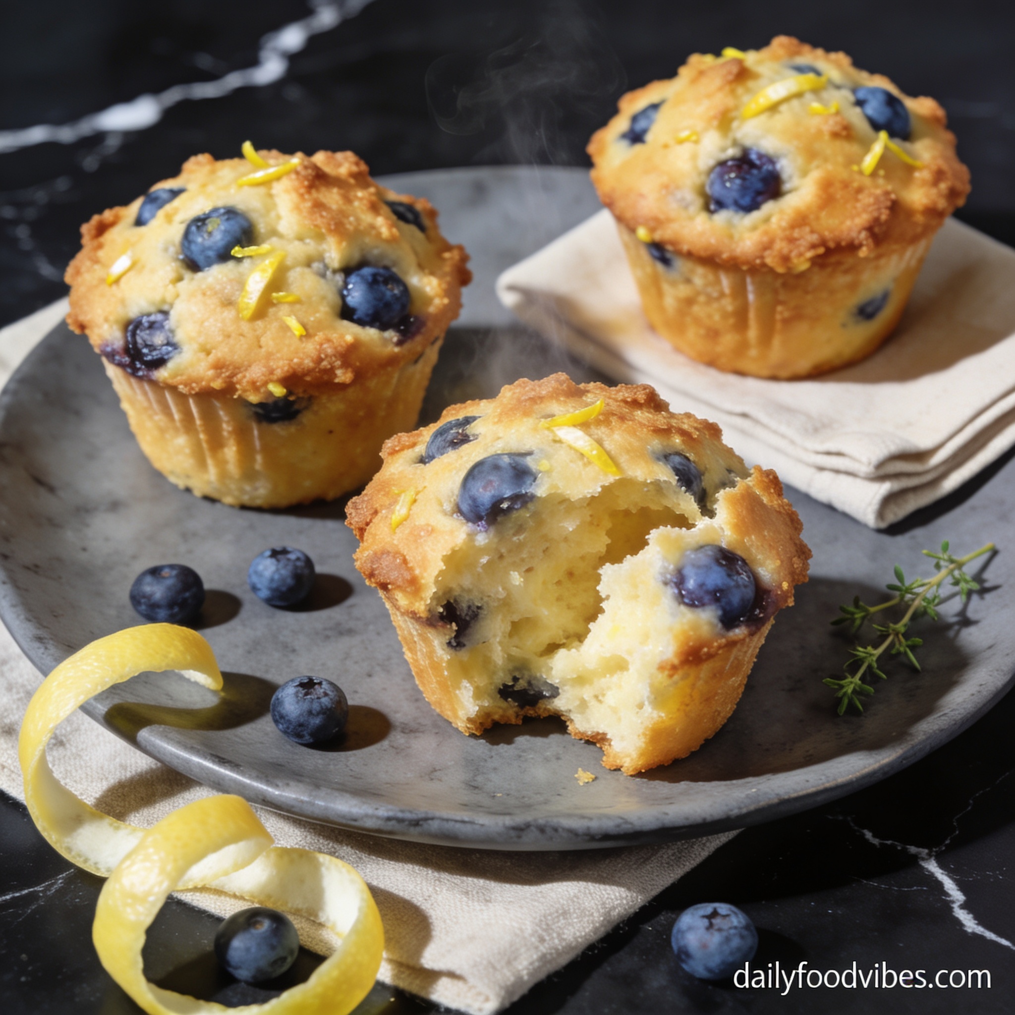 Beautifully styled gluten free lemon blueberry muffin tops with crispy golden crowns and bursting blueberries on black marble