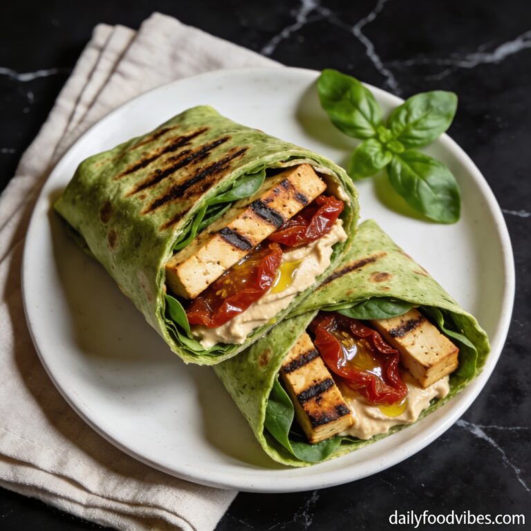 Beautifully plated grilled tofu wrap with sun dried tomatoes showing cross-section layers on black marble countertop