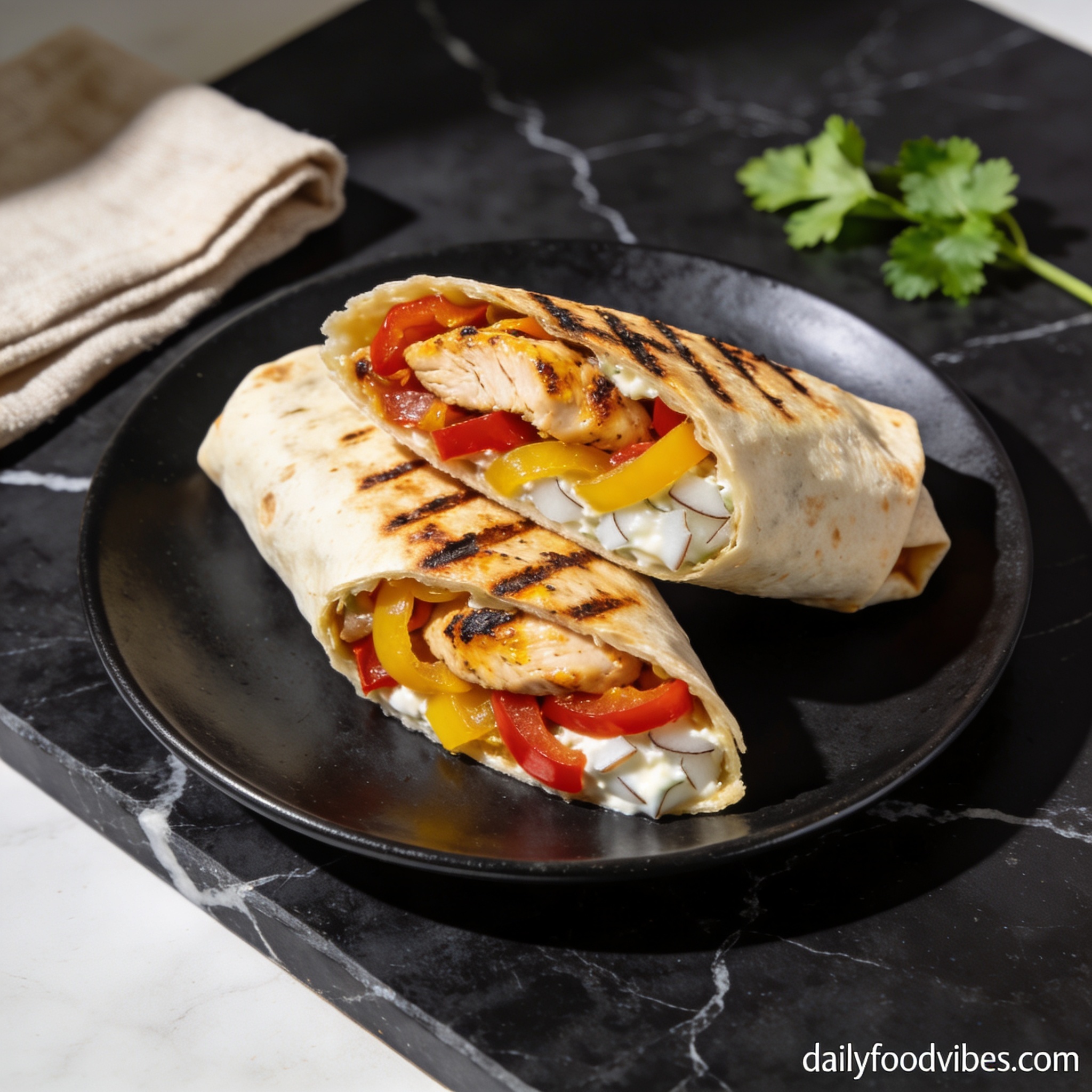 Beautifully plated grilled chicken fajita wrap with coconut milk hero shot on black marble countertop