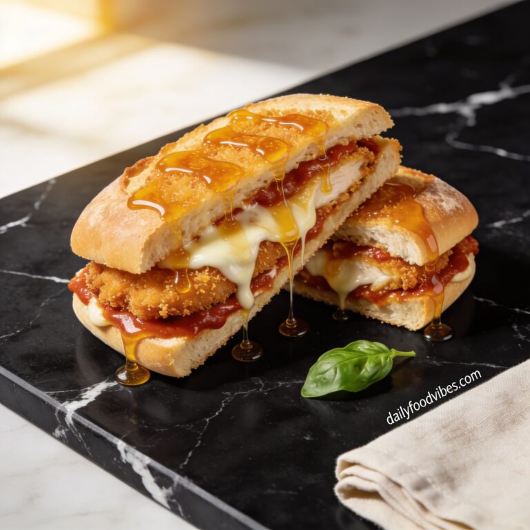 Air fryer chicken parmesan sandwich with honey cut in half showing crispy panko chicken, melted mozzarella, and golden honey drizzle on black marble