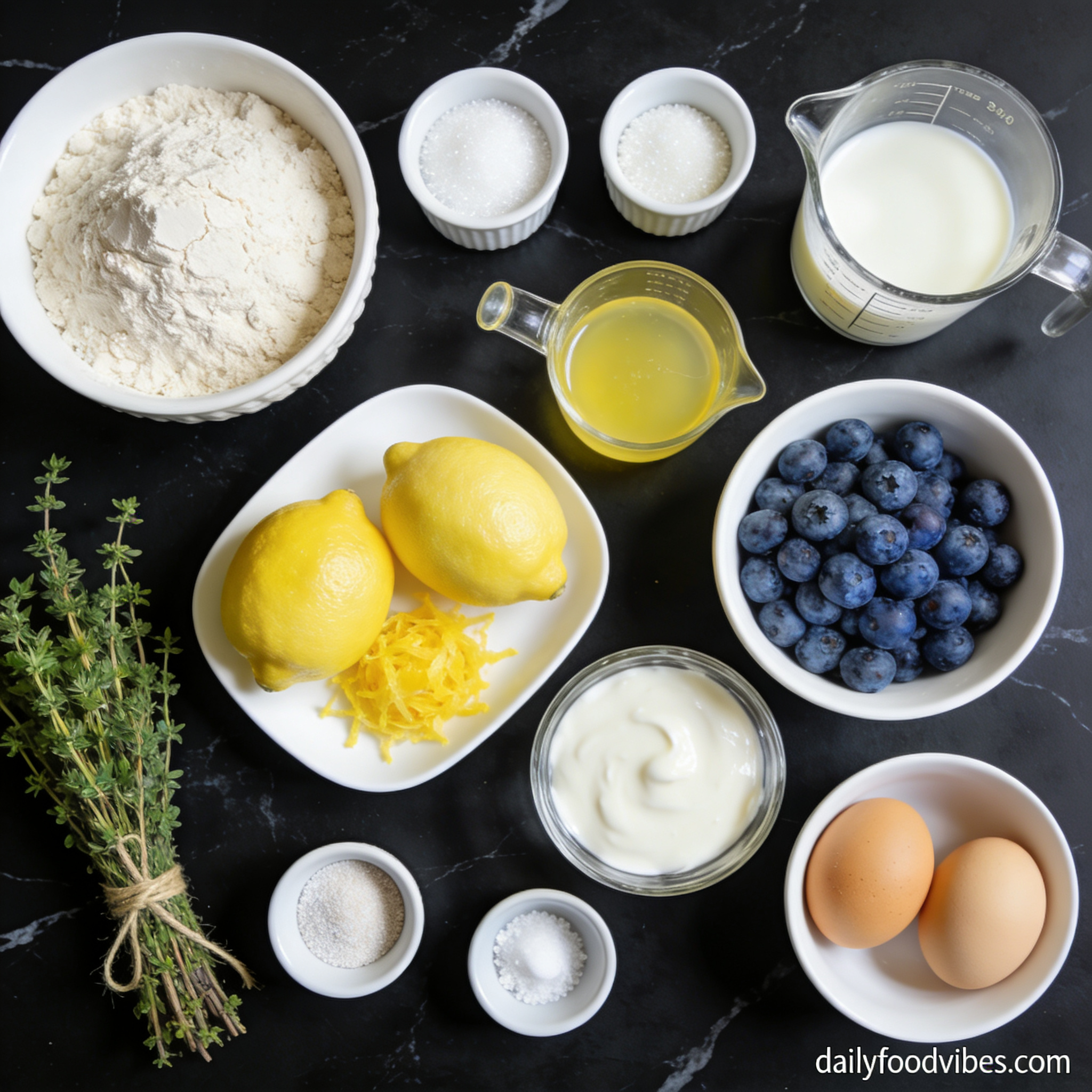 Overhead view of all ingredients for gluten free lemon blueberry muffin tops with coconut milk arranged in white bowls and glass containers on black marble