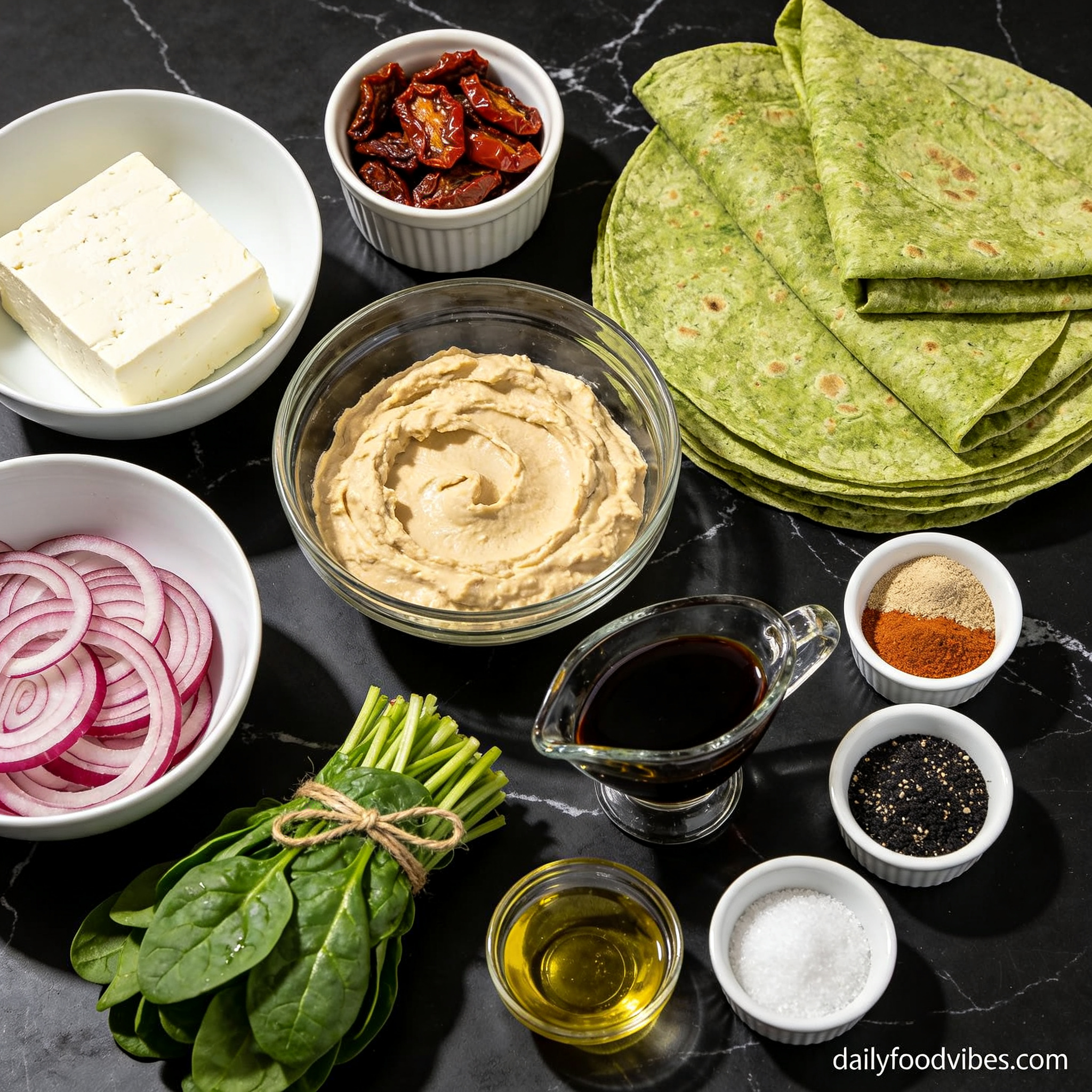 Raw ingredients for grilled tofu wrap with sun dried tomatoes arranged in proper containers on black marble surface