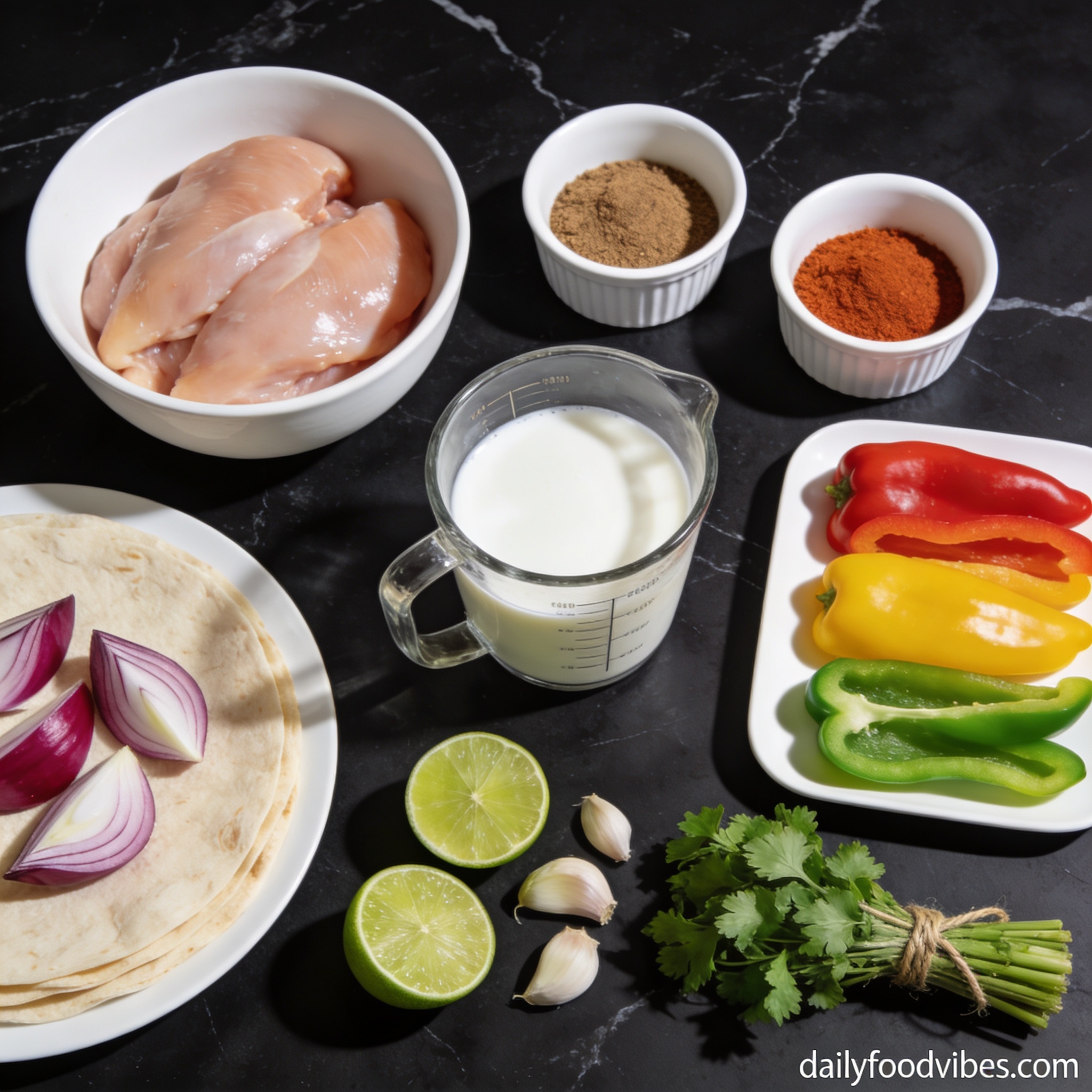 Raw ingredients for grilled chicken fajita wrap with coconut milk arranged in proper containers on black marble countertop
