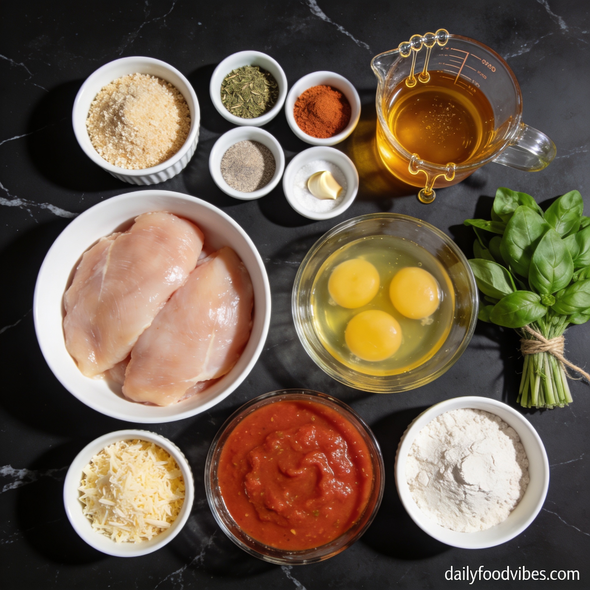 Raw ingredients for air fryer chicken parmesan sandwiches with honey arranged in proper containers on black marble countertop