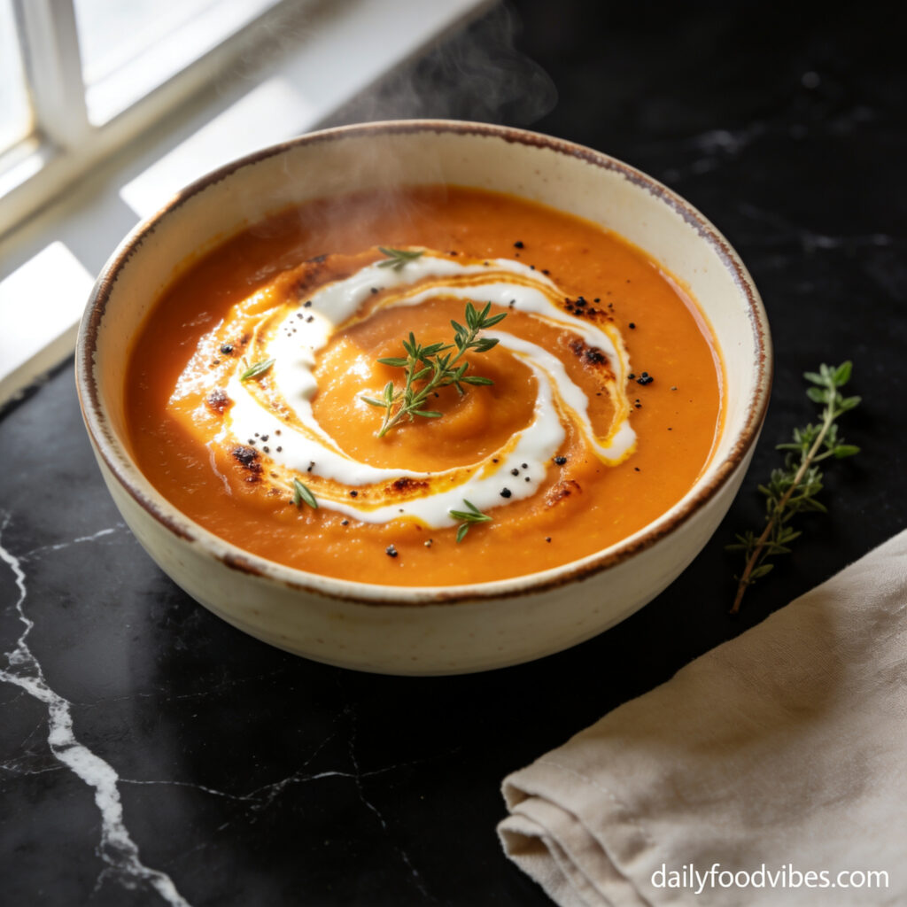 Beautiful bowl of air fryer roasted carrot soup with cream cheese swirl on black marble countertop