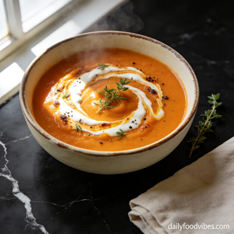 Beautiful bowl of air fryer roasted carrot soup with cream cheese swirl on black marble countertop