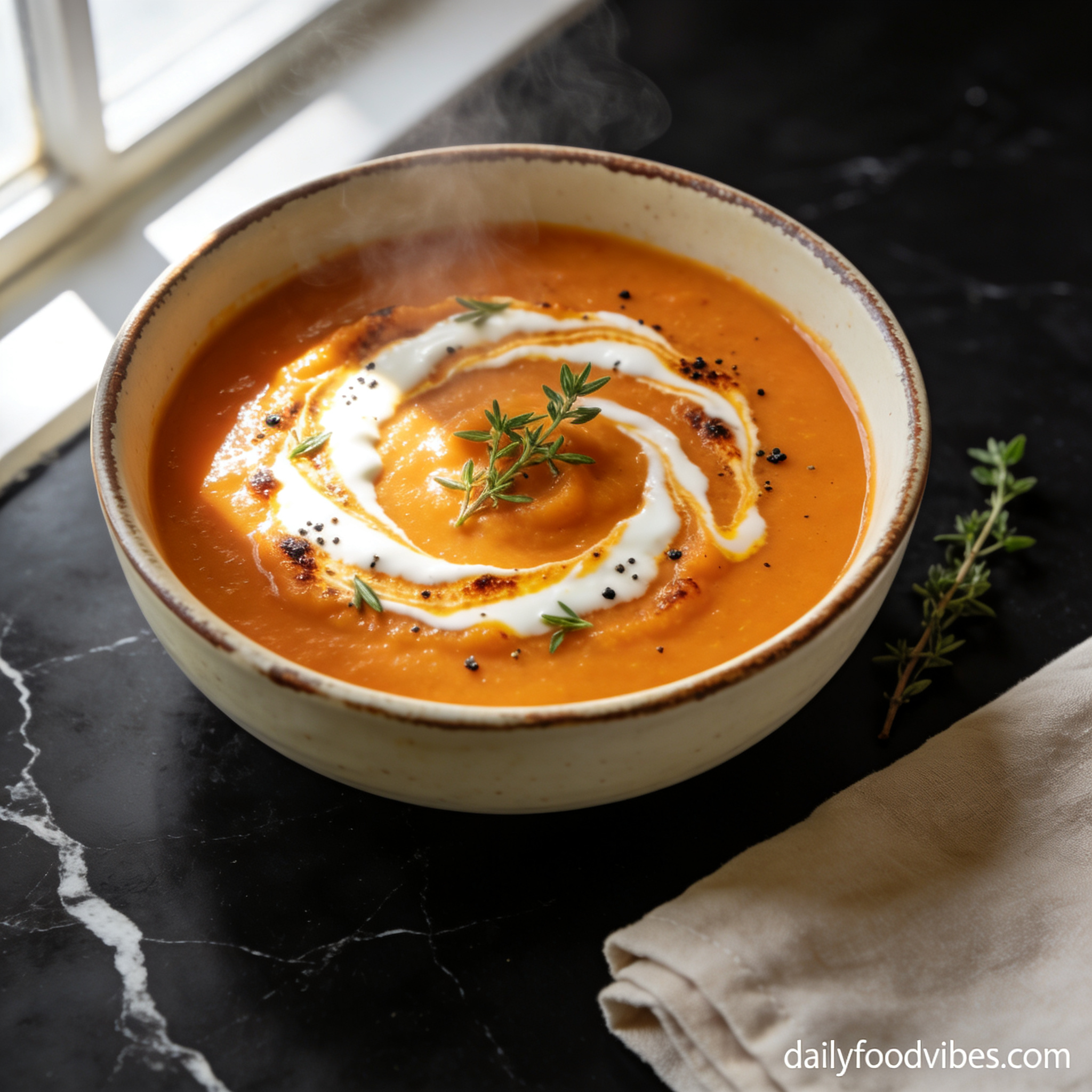 Beautiful bowl of air fryer roasted carrot soup with cream cheese swirl on black marble countertop