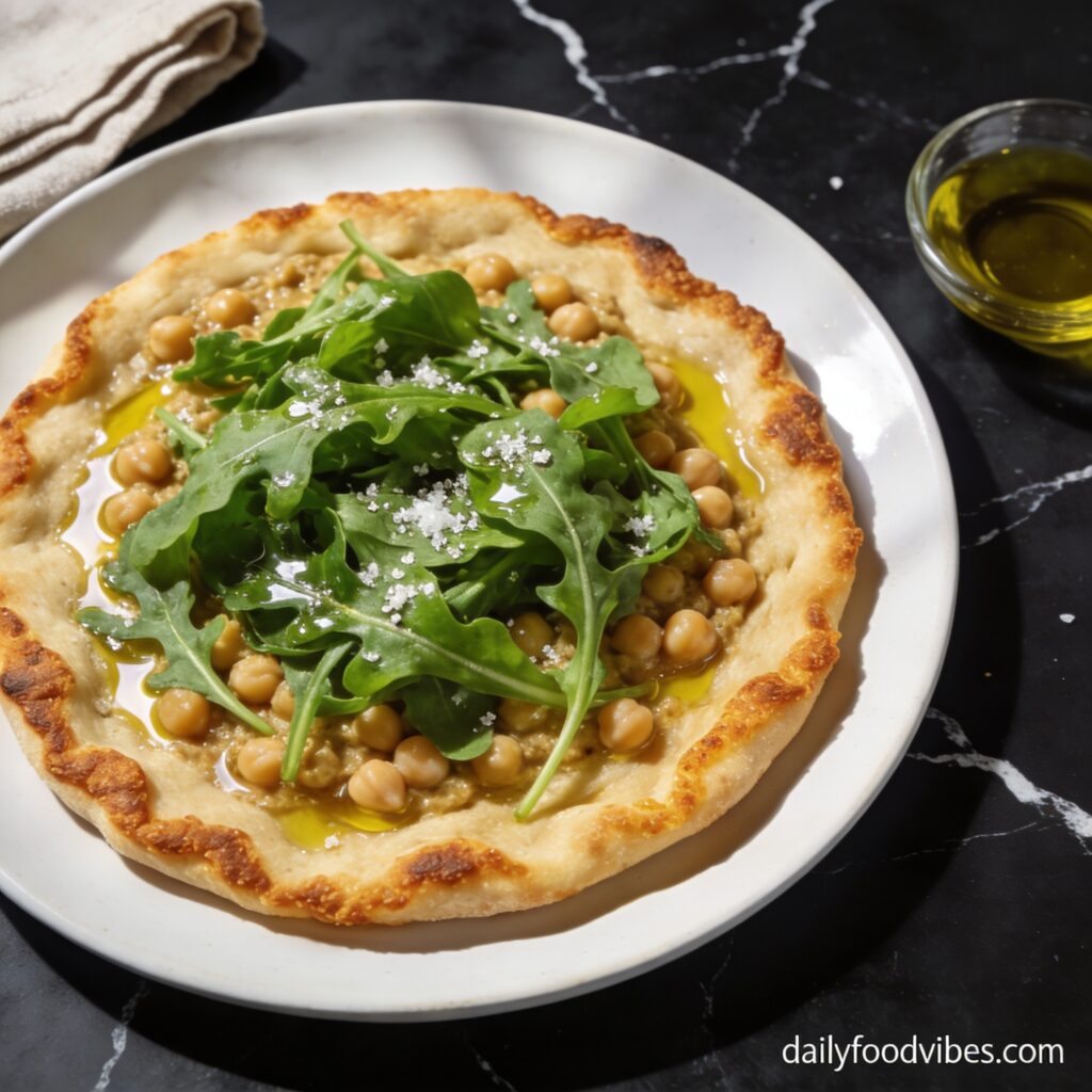 Beautifully plated high protein chickpea and arugula flatbread with olive oil on black marble countertop