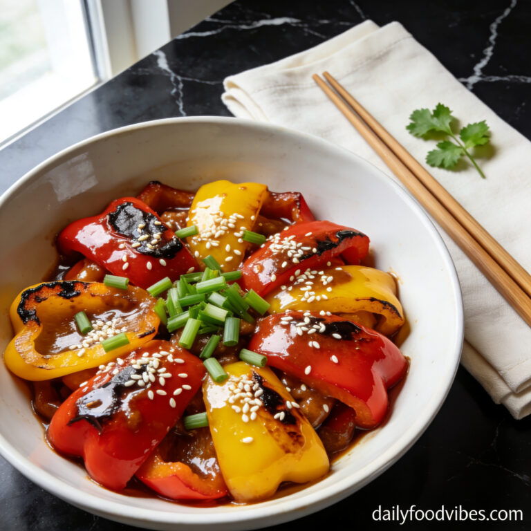 gluten free vegetable stir fry with bell peppers hero shot — beautifully plated general recipe on black marble countertop