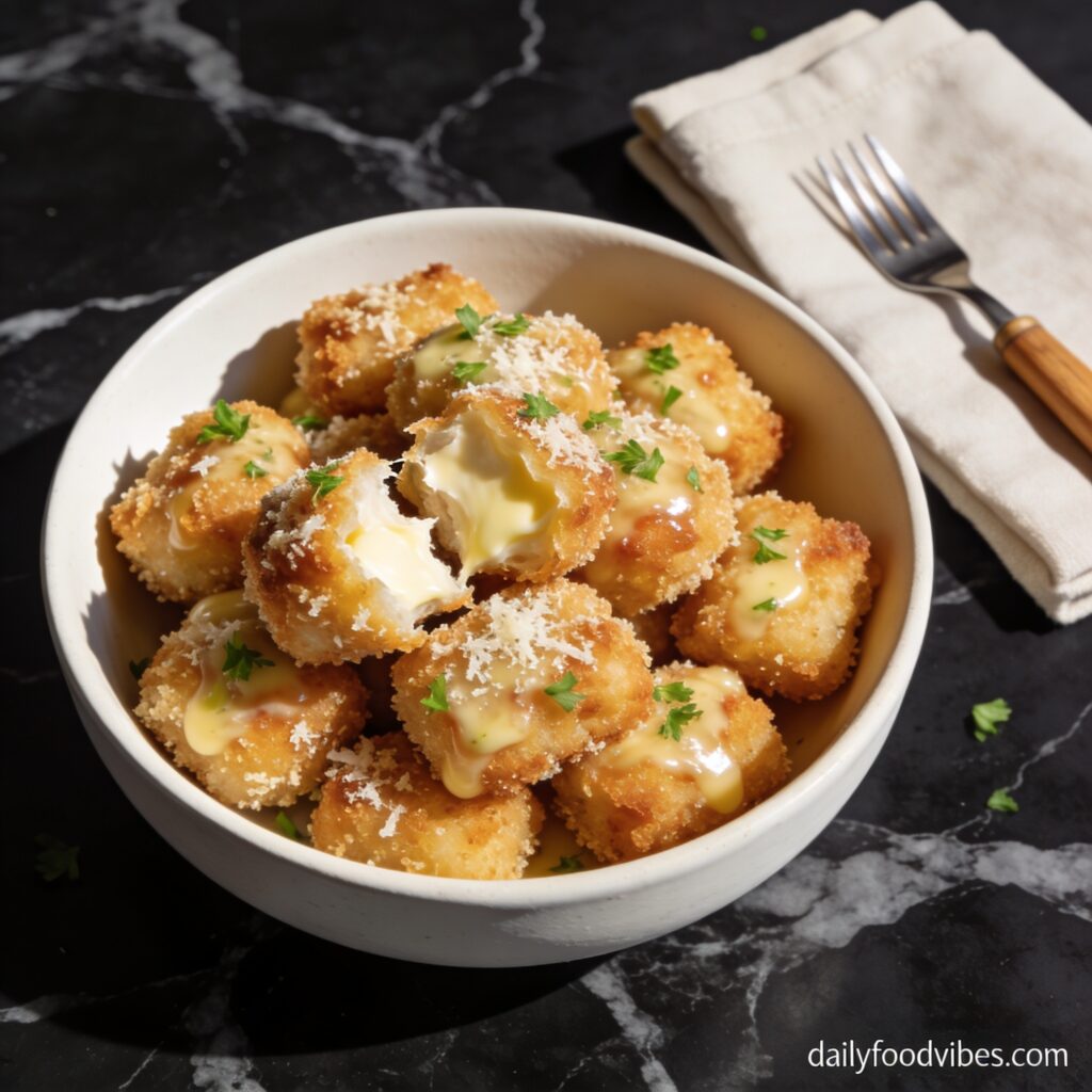 Golden crispy air fryer chicken parmesan bites with garlic butter glistening in a white bowl on black marble