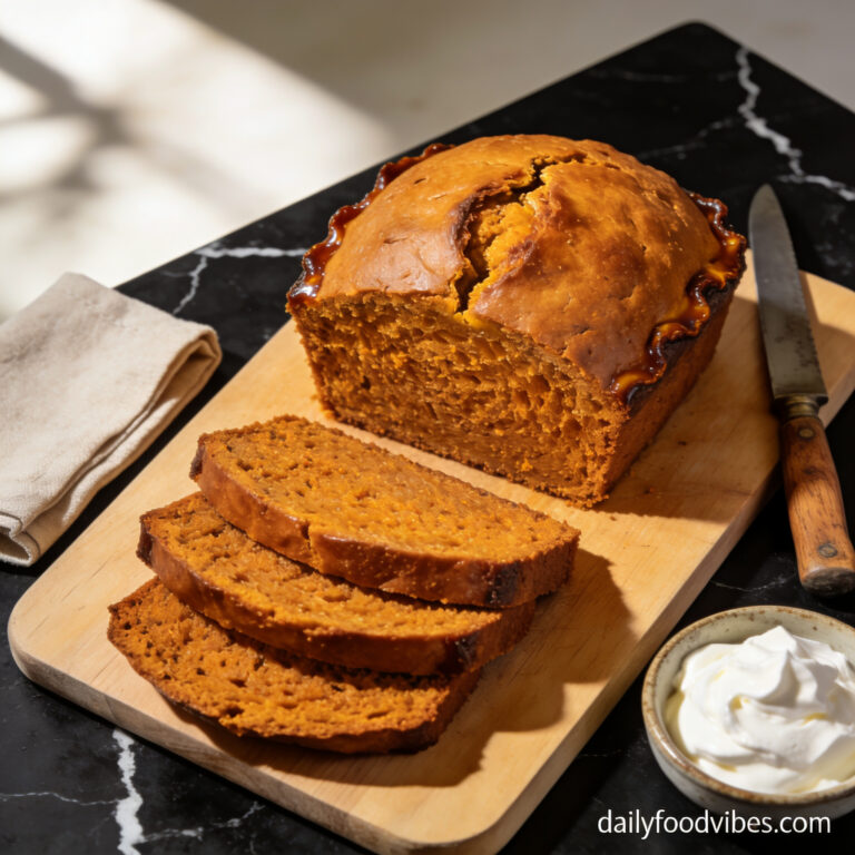 air fryer pumpkin bread with coconut milk hero shot — beautifully plated general recipe on black marble countertop