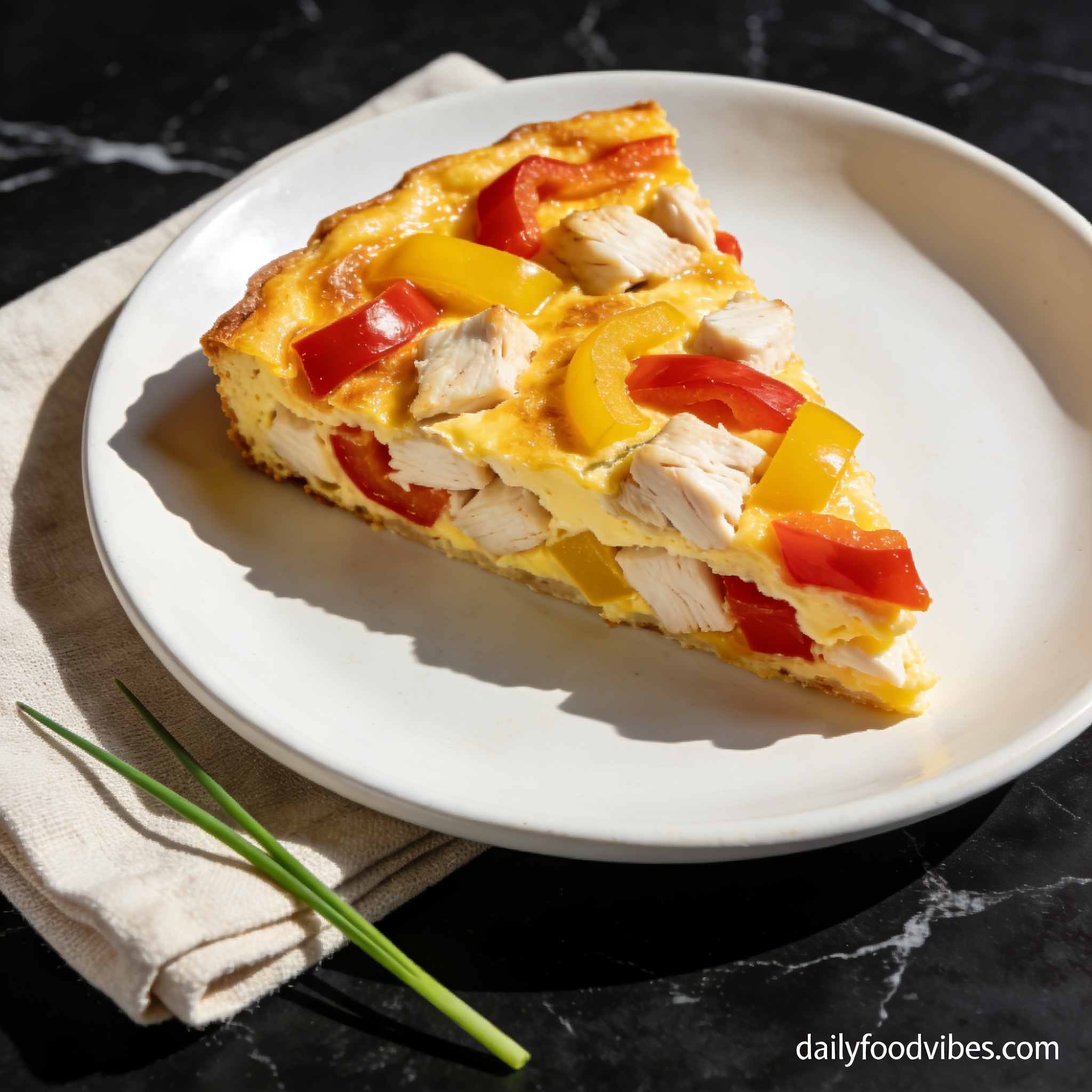 high protein chicken frittata with bell peppers hero shot — golden slice showing layers of chicken and peppers on white plate over black marble