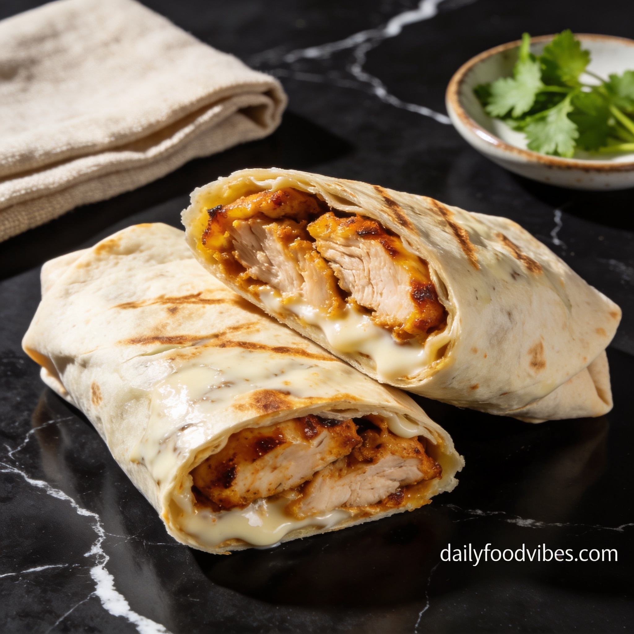 Beautifully plated gluten free chicken shawarma wrap with coconut milk cut in half showing juicy marinated chicken on black marble