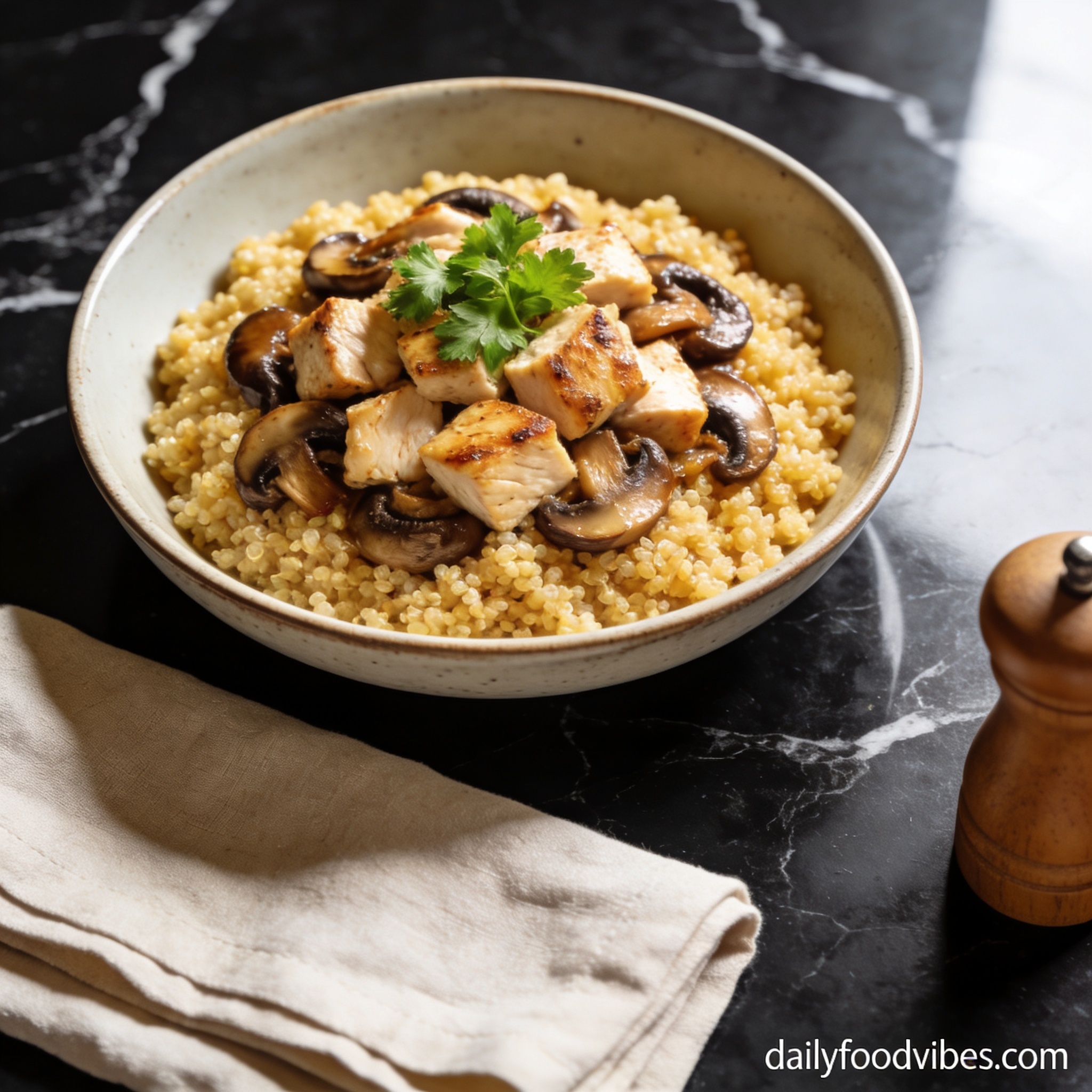 Beautifully plated high protein quinoa chicken bowl with mushrooms on black marble countertop