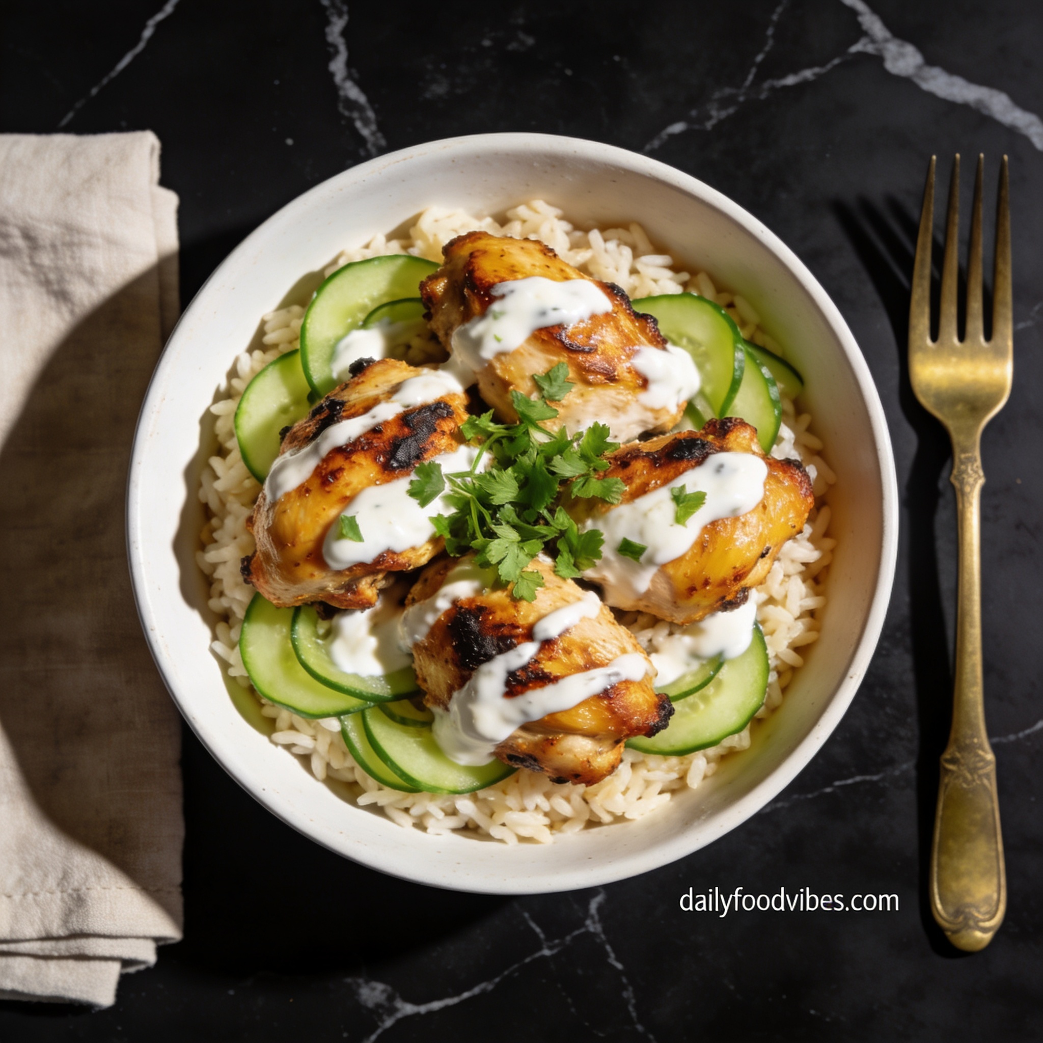 Beautifully plated healthy air fryer chicken shawarma dinner with cucumber ribbons and yogurt sauce on black marble