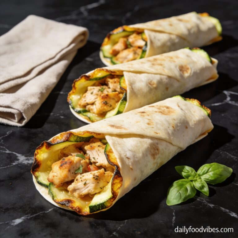 Beautifully plated quick air fryer chicken and zucchini wraps showing crispy golden edges on black marble countertop