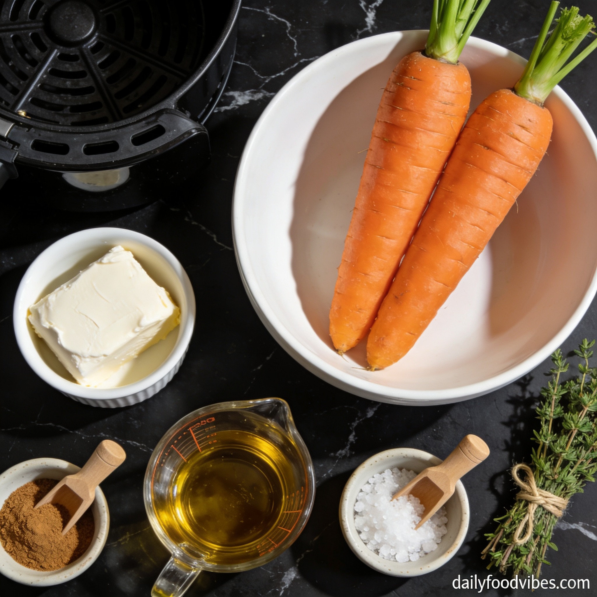 Raw ingredients for air fryer roasted carrot soup with cream cheese arranged in proper containers on black marble