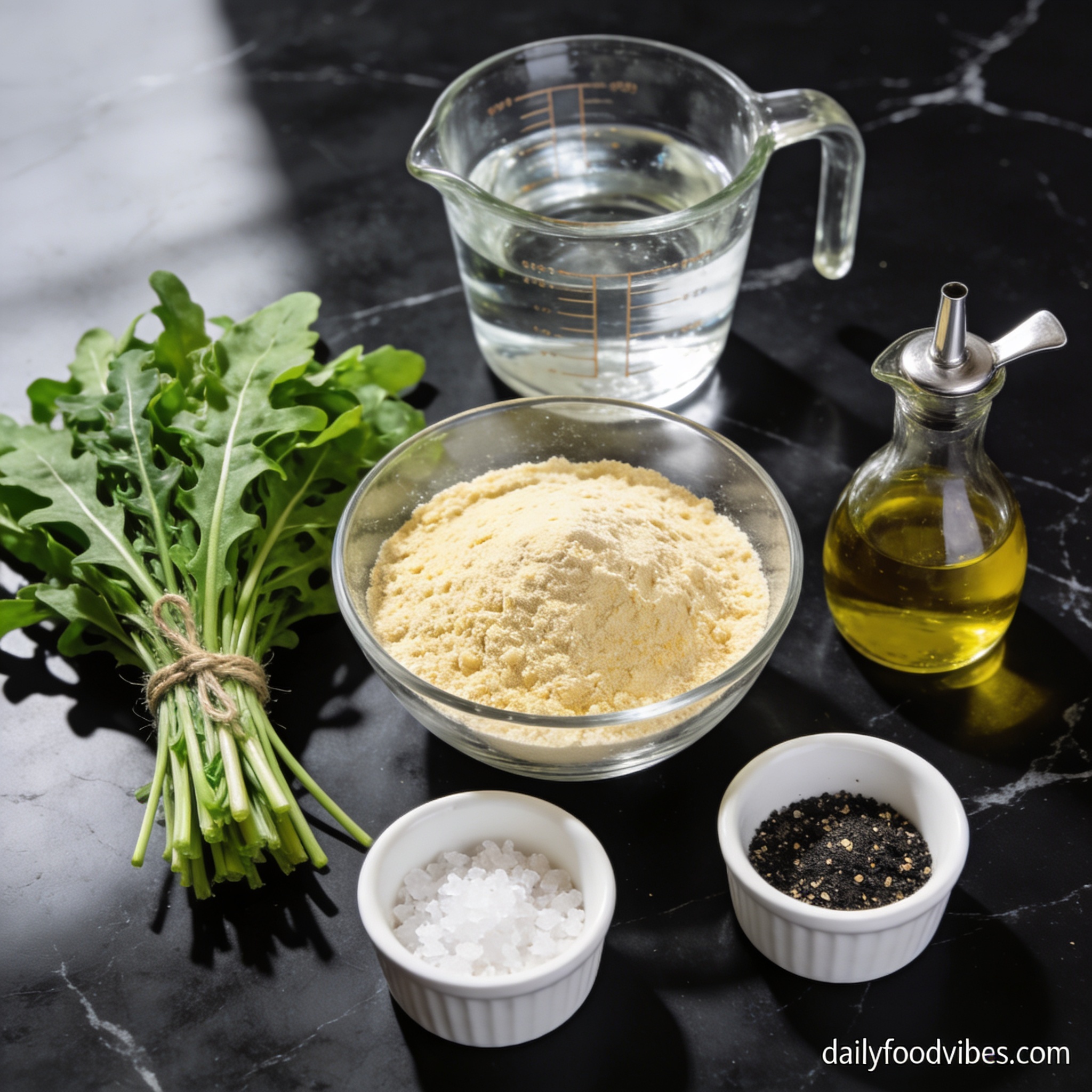 Ingredients for high protein chickpea and arugula flatbread arranged on black marble — chickpea flour, olive oil, arugula, and seasonings in proper containers