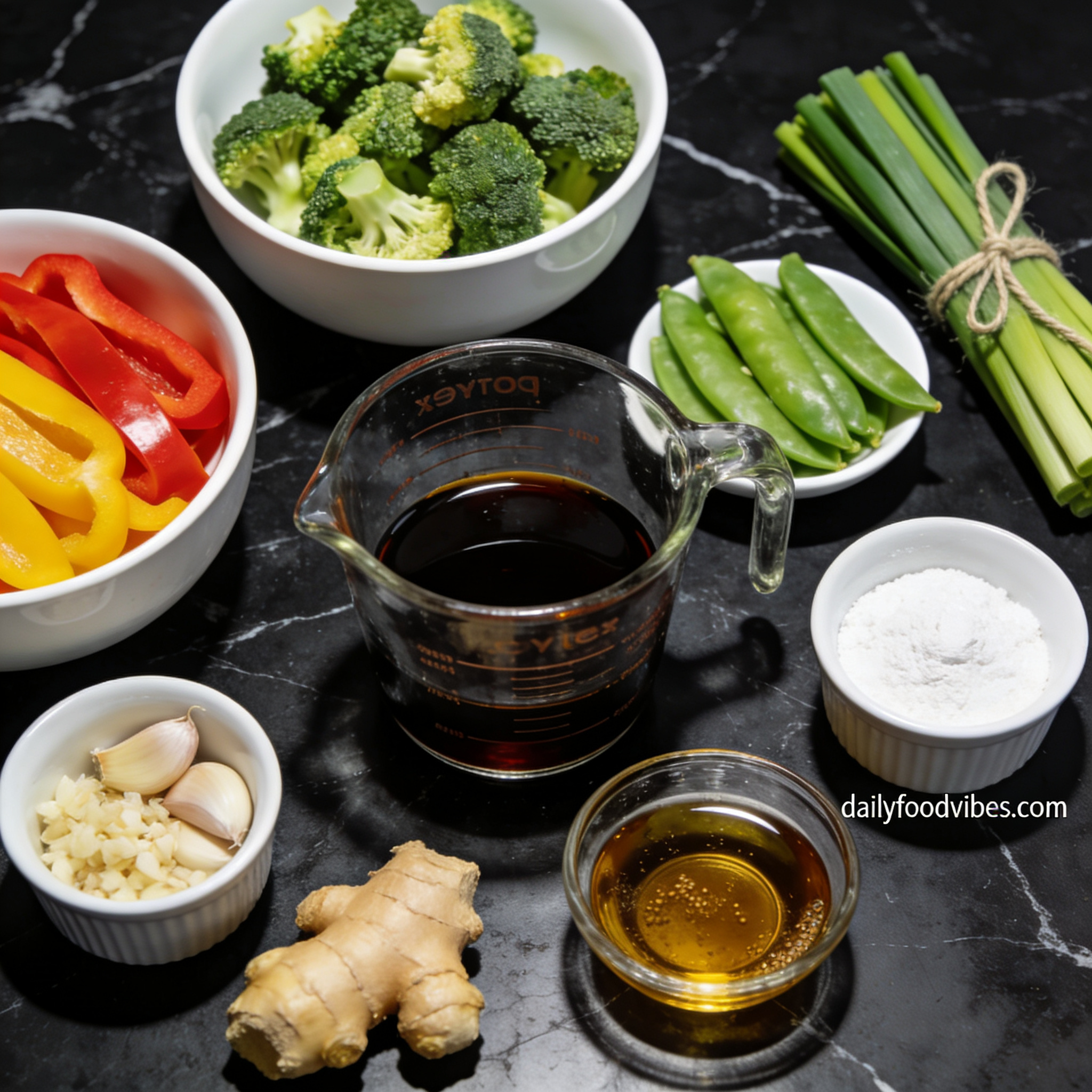 All ingredients for gluten free vegetable stir fry with bell peppers arranged in proper containers on black marble