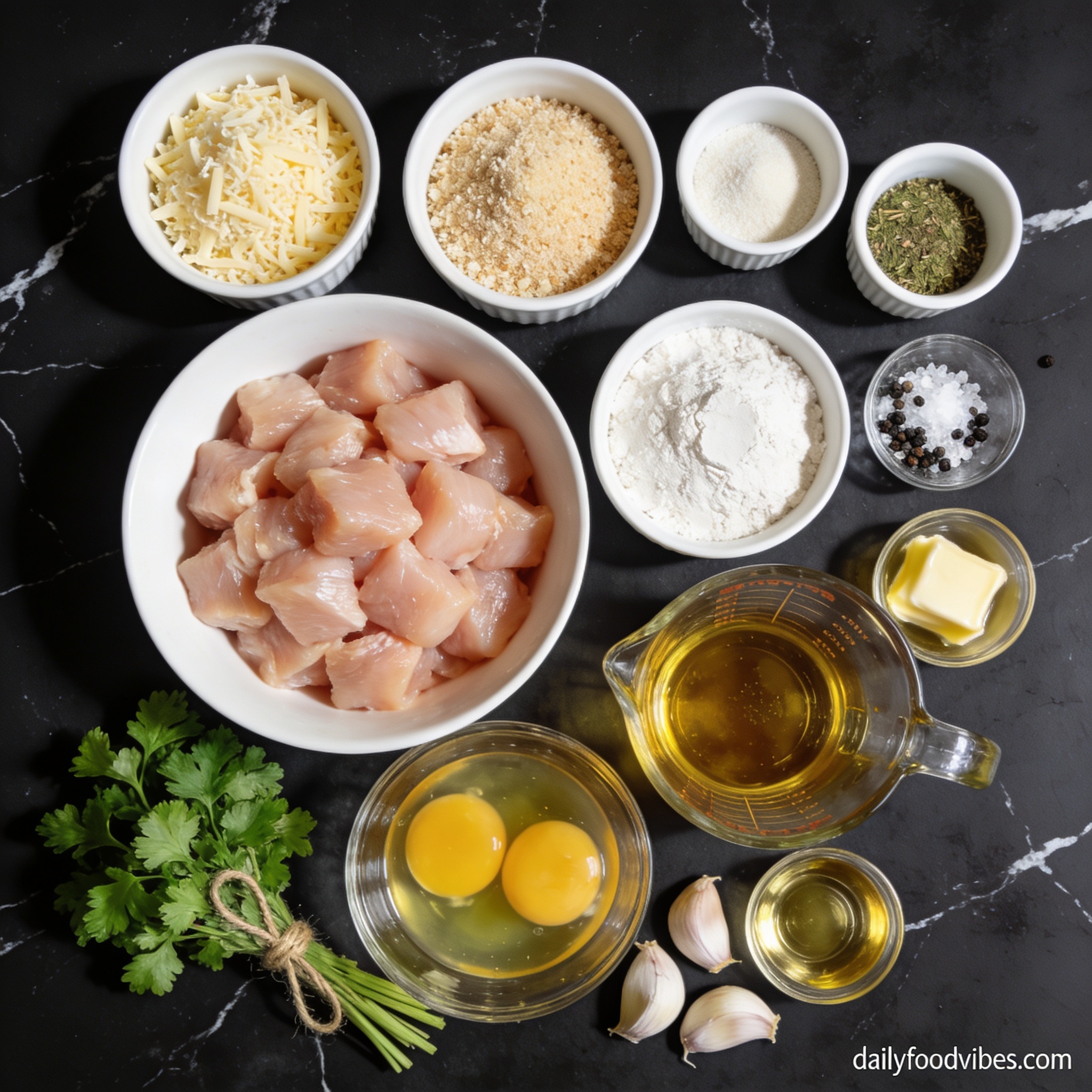 Raw ingredients for air fryer chicken parmesan bites with garlic butter arranged in proper containers on black marble