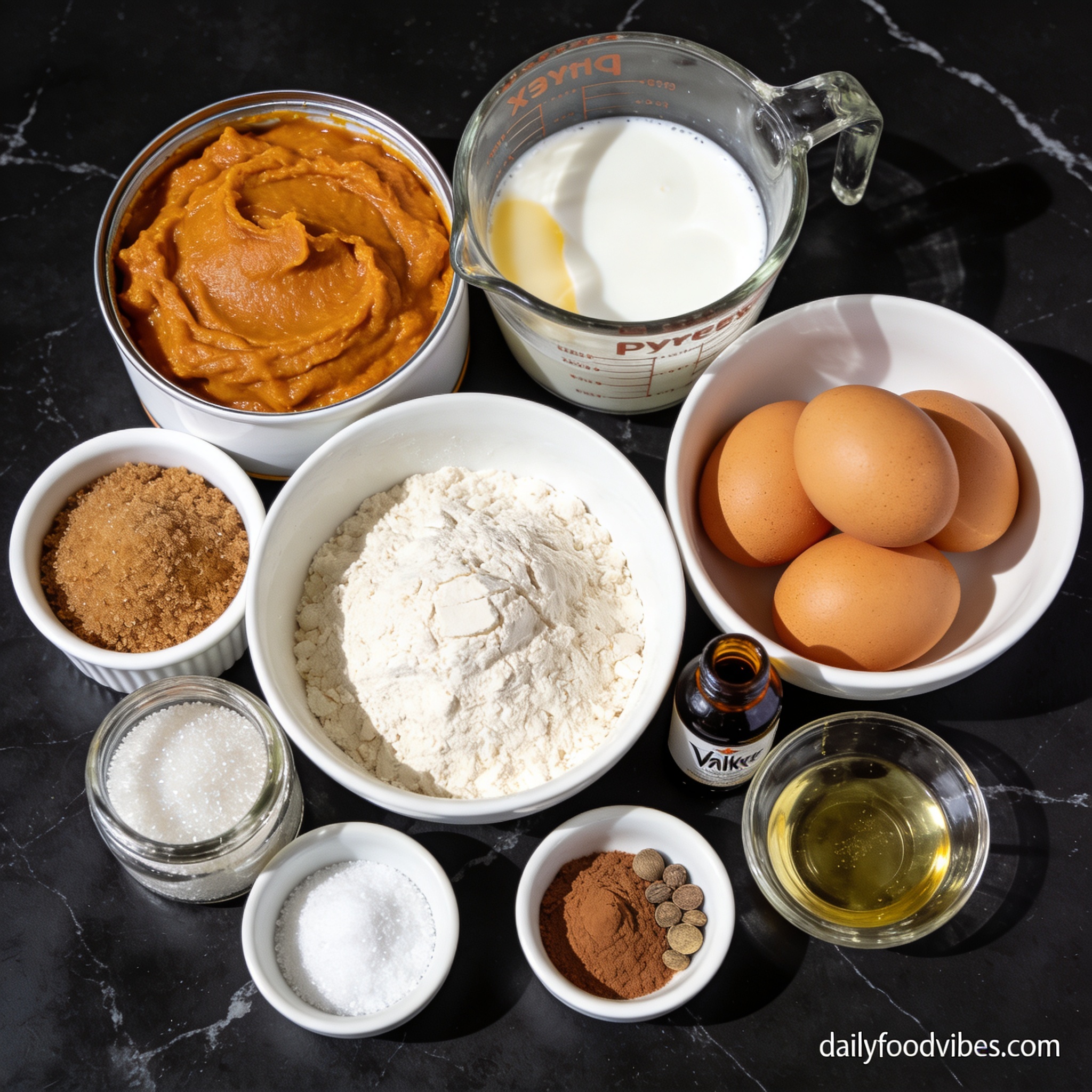 All ingredients for air fryer pumpkin bread with coconut milk arranged in proper containers on black marble