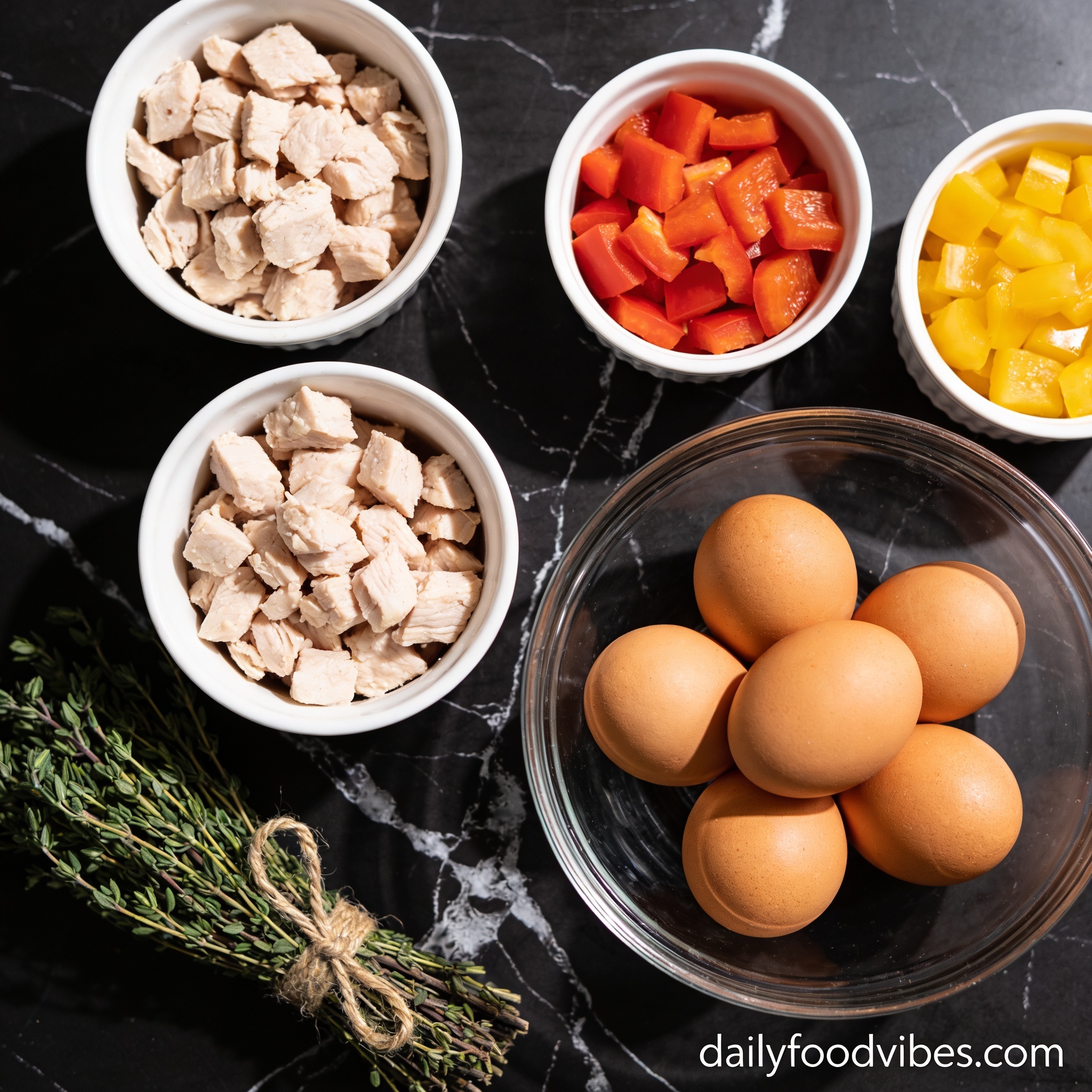 Ingredients for high protein chicken frittata with bell peppers flat lay — diced chicken in white bowl, eggs in glass bowl, peppers in ramekins on black marble
