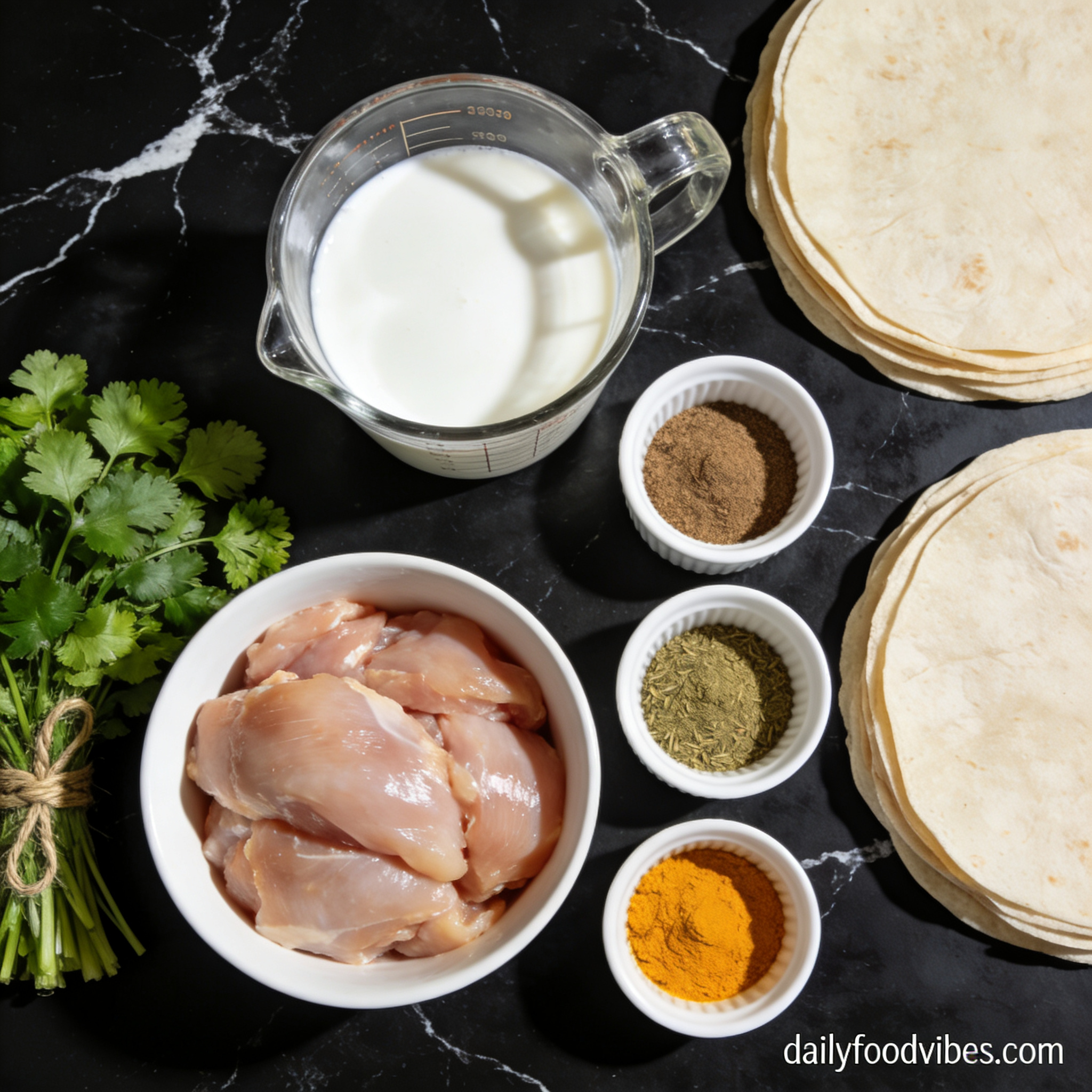 Raw ingredients for gluten free chicken shawarma wrap with coconut milk including chicken thighs, coconut milk, spices, and gluten free wraps arranged on black marble