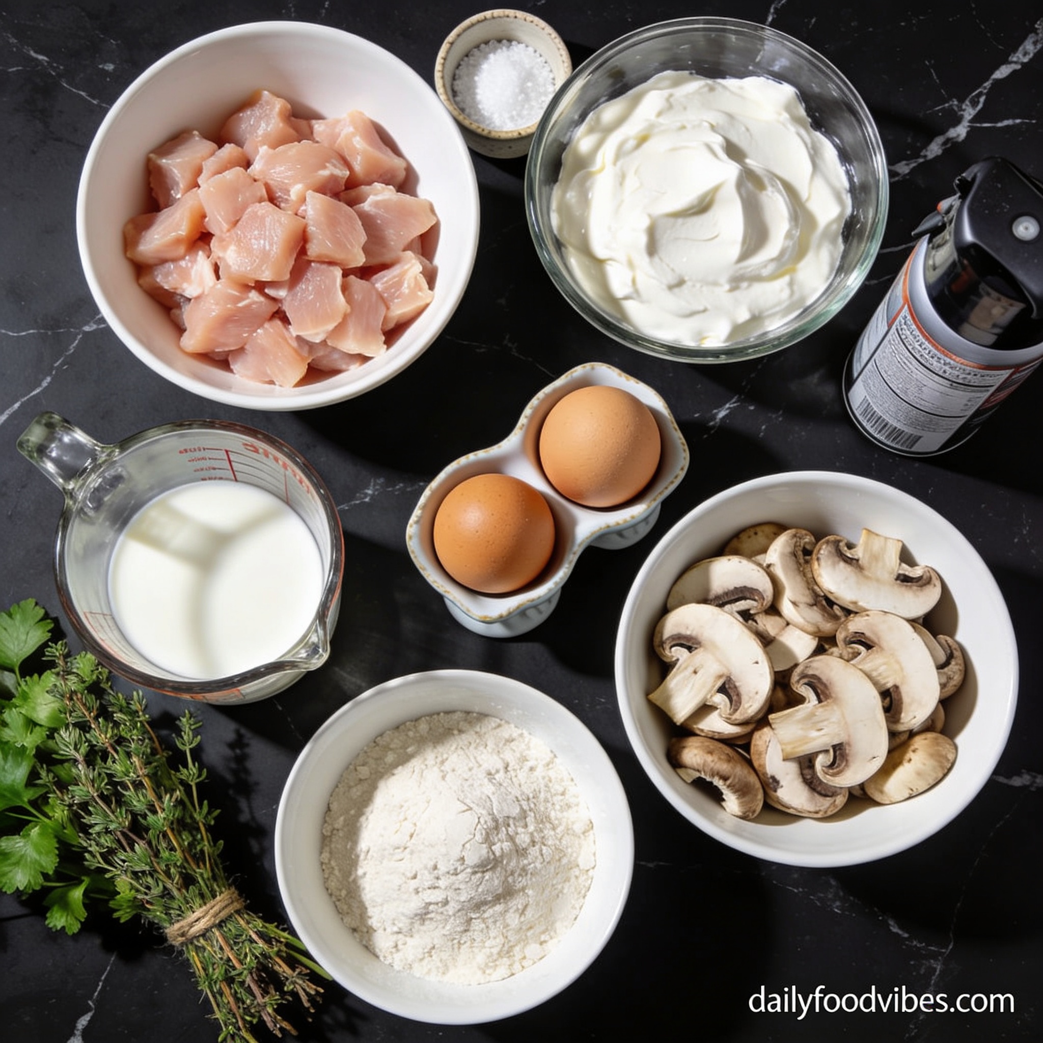 Raw ingredients for healthy air fryer chicken and mushroom crepes with Greek yogurt arranged in proper containers on black marble countertop