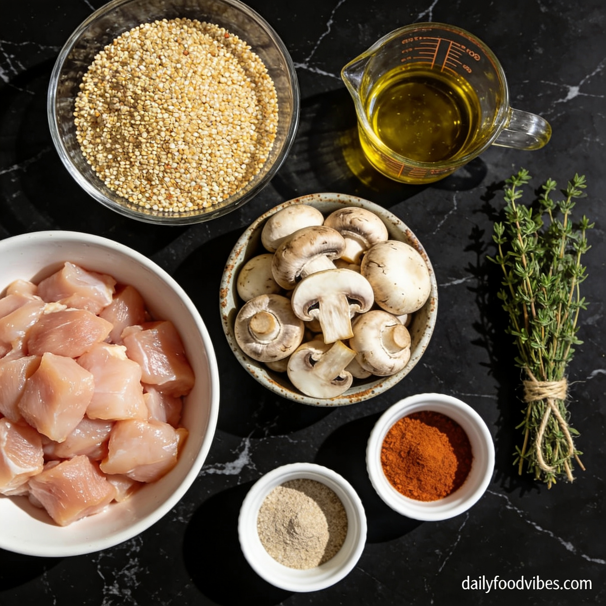 Raw ingredients for high protein quinoa chicken bowl with mushrooms arranged in proper containers on black marble surface