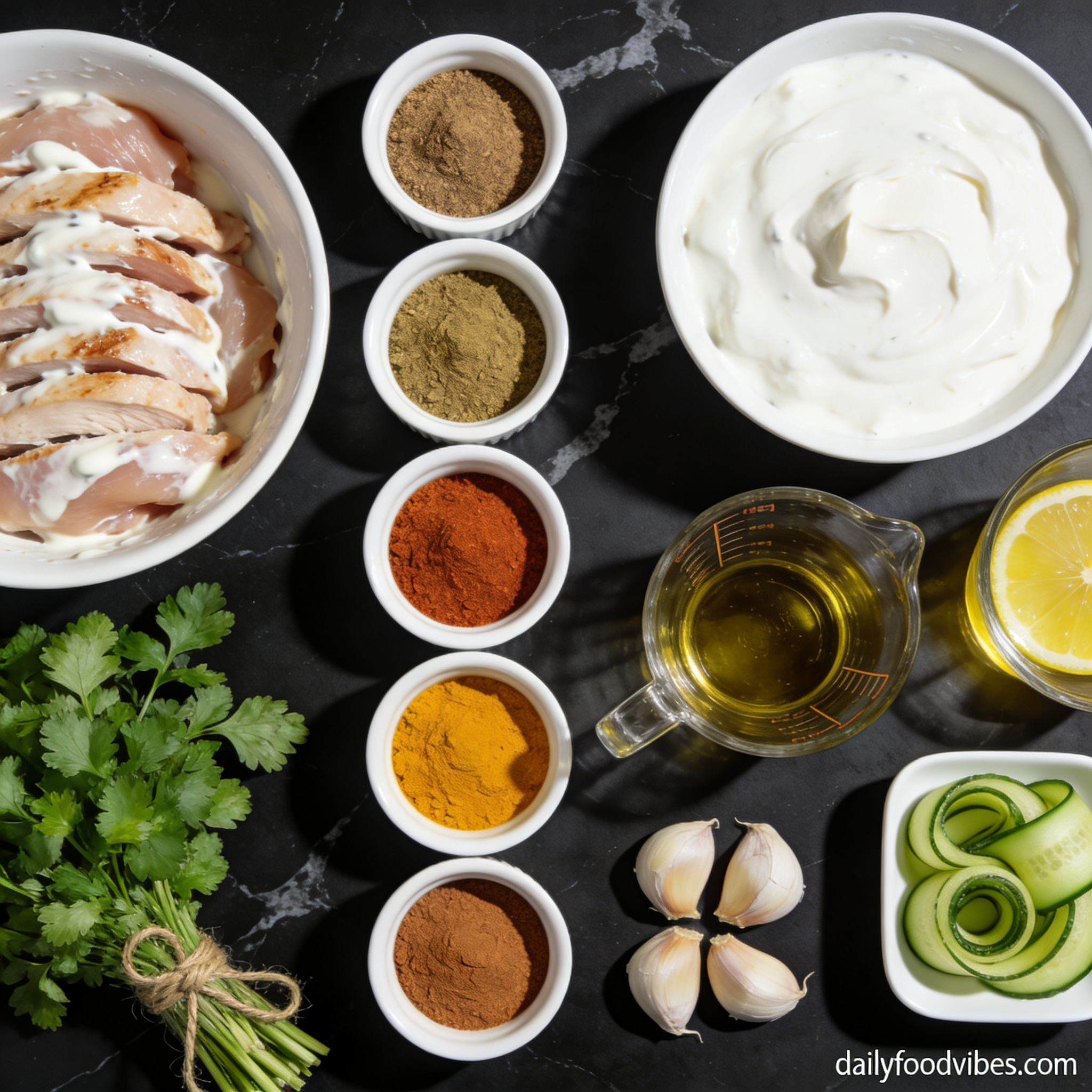 Raw ingredients for healthy air fryer chicken shawarma dinner with cucumber arranged in proper containers on black marble