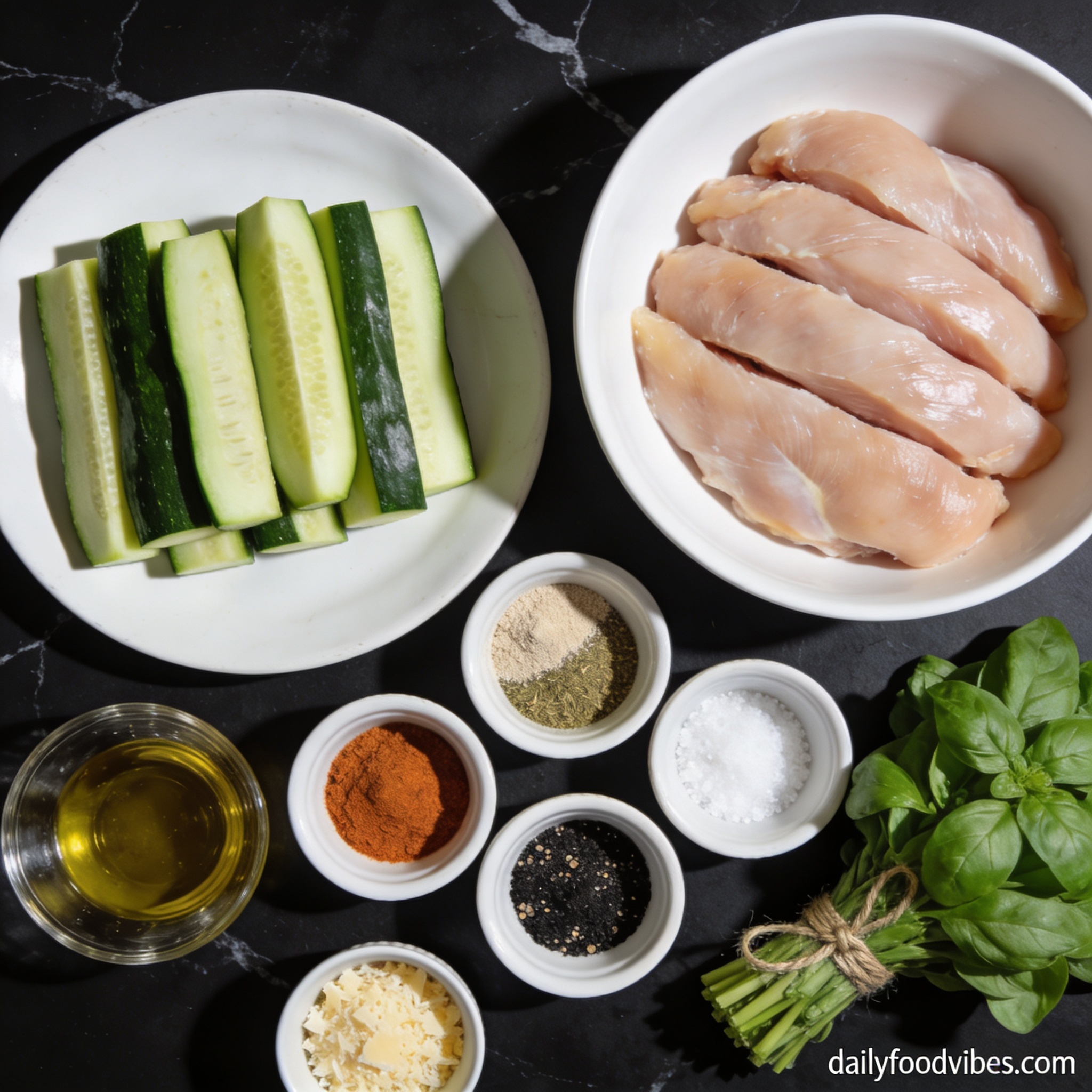 Raw ingredients for quick air fryer chicken and zucchini wraps arranged in proper containers on black marble including zucchini strips, chicken breast, Italian spices, and olive oil